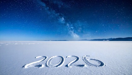 Magical 2026 New Year's Eve under the stars on a snowy landscape, a celebration of hope and future dreams under a vibrant, celestial night sky
