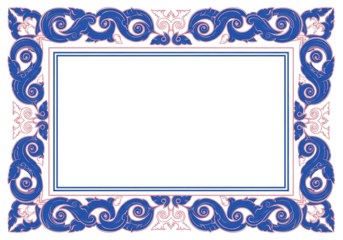 Ornate blue and pink floral border frame with a dark background