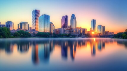 Obraz premium A serene morning view of a modern city skyline with early light streaming