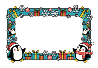 Cute cartoon penguins celebrate Christmas with gifts and snowflakes border
