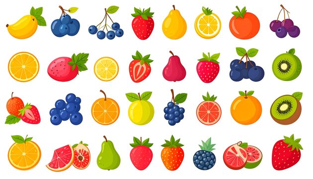 Colorful fruit illustrations in a flat design. Various shapes, sizes, and colors. Perfect for healthy eating or design concepts - Powered by Adobe