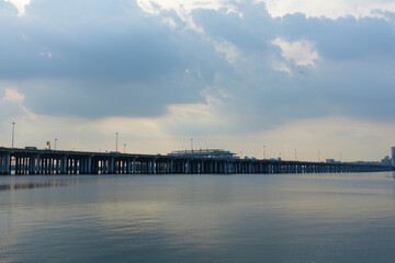 Sunset scenery of Qianhai Bay at Qianhai Stone Park in Shenzhen,china
