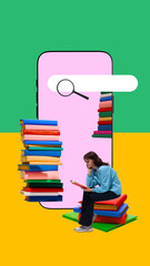 Collage art. Girl reading book while sitting on colorful pile in front of smartphone with search bar. Concept of literacy, online libraries, EdTech, schools, universities, self-study.