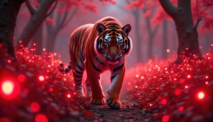 Futuristic Cybernetic White Tiger Roaming In Crimson Fantasy Forest