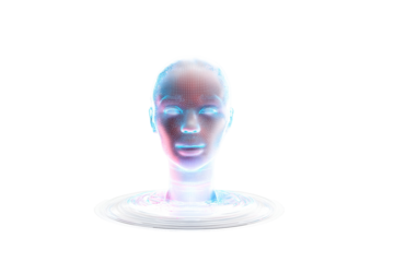 Future AI human face hologram glowing with technology and innovation for digital concepts