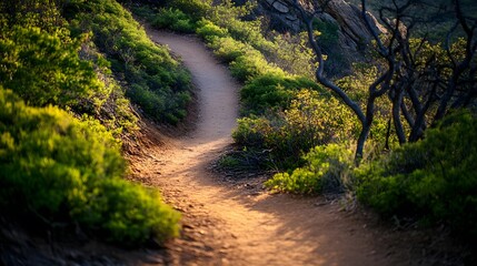 Fototapeta premium Winding Dirt Path Through Lush Green Bushes and Sunlight