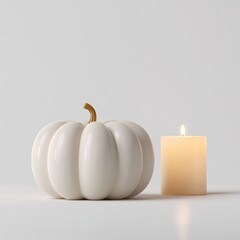White pumpkin with smooth surface and golden stem placed beside a lit candle on a minimalist background, creating a serene autumn ambiance with soft lighting
