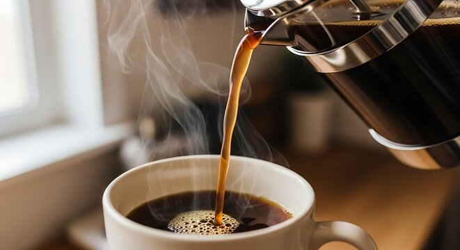 Pouring hot coffee from a French press into a mug, creating steam and a rich aroma.