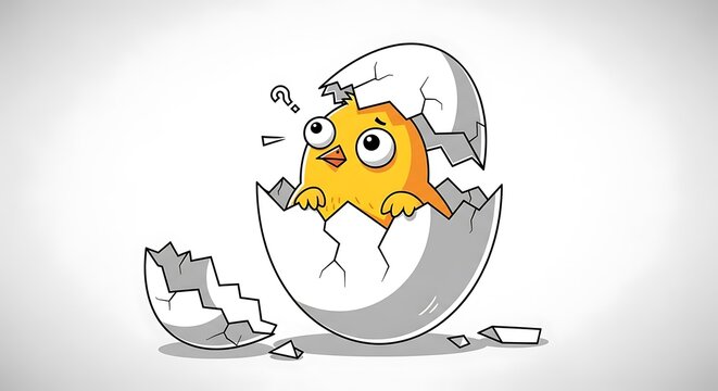Confused Chick Hatching - A Cartoon Illustration of New Beginnings.