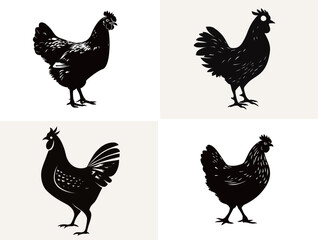 Fototapeta premium Four distinct silhouettes of chickens are displayed in a simple and clean design. Each chicken poses uniquely, showcasing their shapes and features effectively.