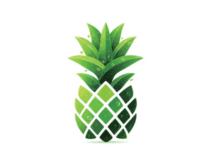 Obraz premium A vibrant and fresh green pineapple sits upright against a clean white backdrop, featuring realistic water droplets that add a refreshing touch.