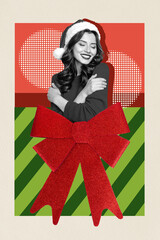 Exclusive image art pop trend collage of happy santa claus girl self hug peek bow present surprise new year celebration event