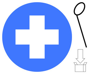 Medical cross in blue circle with magnifying glass, arrow, and box elements. Ideal for healthcare, aid, support, logistics, diagnostics first aid and education. Simple flat metaphor