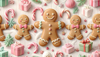 Festive gingerbread men with candy canes and gifts create a sweet Christmas holiday scene, perfect for seasonal marketing and joyful celebrations