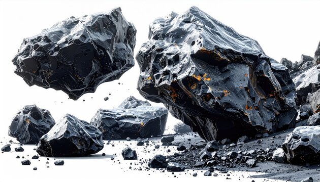 Dark, rocky debris field against white