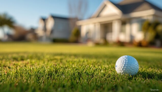 A golf ball rests on lush green grass with a blurred house and bright sunlight in the background