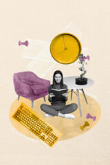 Banner image zine art pop trend collage of happy businesswoman stand office supplies table dry tree alarm clock computer keypad