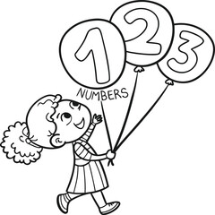 A funny cartoon illustration vector drawing of a man with balloons, a character smiling with a heart symbol