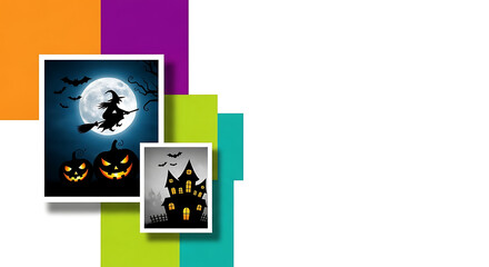 Fototapeta premium A Halloween-themed collage of pumpkin faces, a witch, and a haunted house.