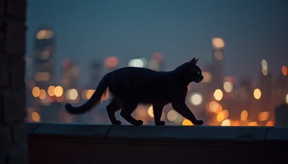 Fearless Cat Crossing Balcony Railing Above Night City Skyline Lights