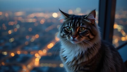 Majestic Feline Observing Urban Nightscape From Skyscraper Balcony Railing