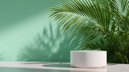 Fototapeta premium Sleek white pedestal against a vibrant green wall with tropical foliage in a sunny indoor space