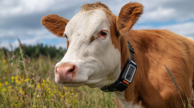 Cow wearing GPS collar in grassy pasture.