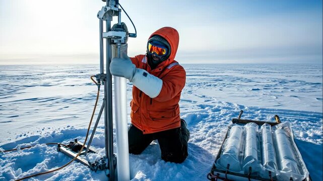 Man scientist extracting ice core samples from frozen ground for climate change research, an ecological study footage.