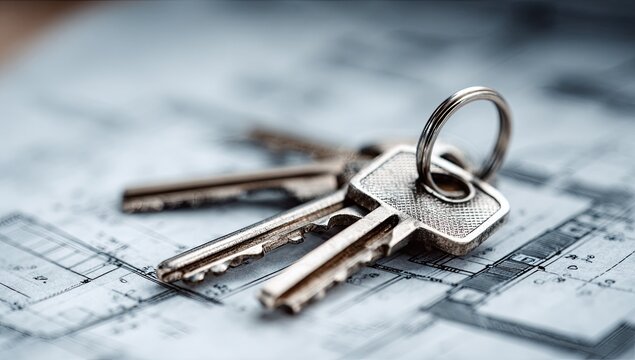 Close-up photograph of a bunch of keys resting on a blueprint with a shallow depth of field