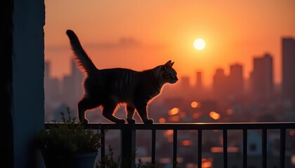 Brave Feline Walking On Edge Of Balcony Against Glowing Nightscape