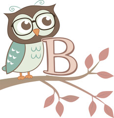 A cute cartoon owl illustration of a wise bird family sitting on a branch in nature