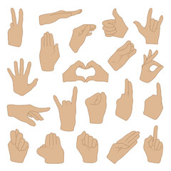 Fototapeta premium Vector set of hand gestures in different poses, cartoon style illustration with isolated signs and symbols, communication and expression concept.