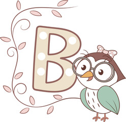 Cute cartoon owl bird with a love letter illustration on a branch design for a baby card decoration