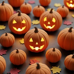 Halloween background with glowing jack-o'-lanterns. Festive autumn holiday celebration with carved pumpkins. Stylized clay texture illustration