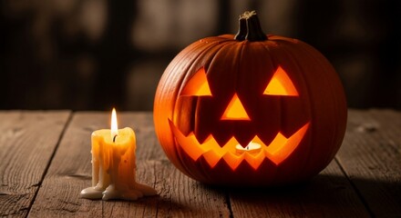 Glowing Halloween Jack-o'-lantern with a spooky carved face. Still life with a lit candle on a rustic wooden table in the dark.