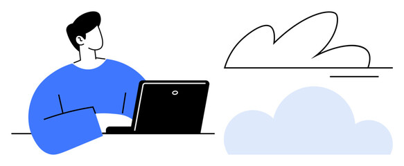 Fototapeta na wymiar Individual working on laptop with cloud shapes nearby, reflecting online storage, remote work. Ideal for technology, innovation, productivity, education, communication, digital transformation simple
