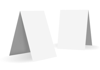 blank folded carton paper isolated. Mock up table tent card mockup template, menu frame on table 