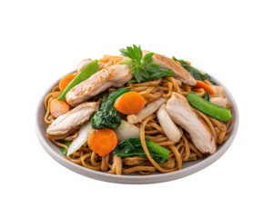 Delicious plate of Chinese lo mein noodles with chicken and fresh vegetables. This savory and appetizing dish perfect dinner entree, stir fried with carrot and greens