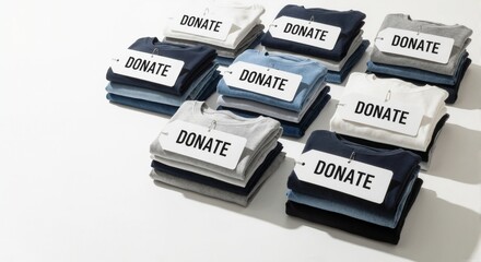 Stacks of folded clothes with donate tags for charity. Second-hand apparel recycling and decluttering concept. Isolated on a white background with copy space