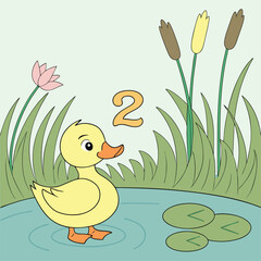 Cute yellow cartoon duck with ducklings in the grass; a vector illustration of a happy spring farm animal with baby chicks near a lake