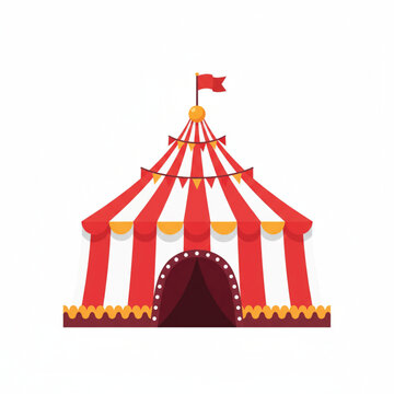 A circus tent, a colorful tent, holds wonders within its billowing canvas walls, promising enchantment and a captivating spectacle. Decorated with lights, it invites curiosity and excitement. Cartoon 