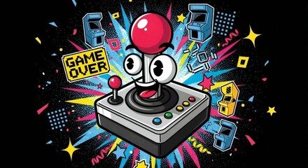 Retro arcade gaming illustration with a fun cartoon joystick character. Nostalgic 90s pop art style with a 'Game Over' sign. Video game entertainment concept