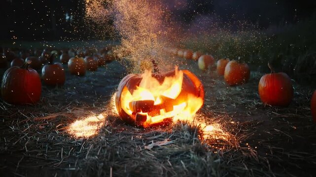 Zucca di Halloween Jack Lanterna fiammeggiante con espressione spaventosa in un campo di zucche esplode