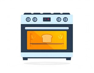 Illustration of a white and blue oven with a slice of bread toasting inside, emitting steam.