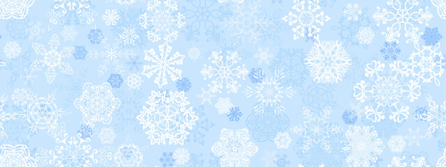 seamless continuous pattern of white and blue snowflakes of different sizes on a blue background.Close-up, isolated, long.ai