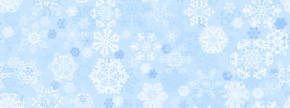 seamless continuous pattern of white and blue snowflakes of different sizes on a blue background.Close-up, isolated, long.ai