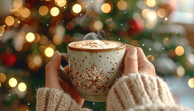 Cozy winter vibes with a steaming mug of latte art and a twinkling Christmas tree, perfect for seasonal greetings and holiday promotions