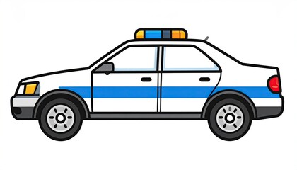 Side view of a police car, white with blue stripes, simple cartoon style