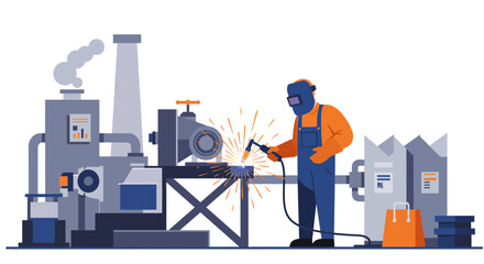 A factory worker welds with sparks flying amidst heavy machinery in an industrial setting