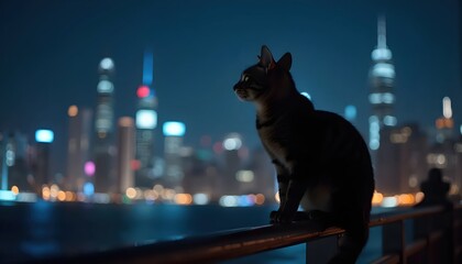 Fluffy Cat Observing Magical Skyline From Dangerous Balcony Edge